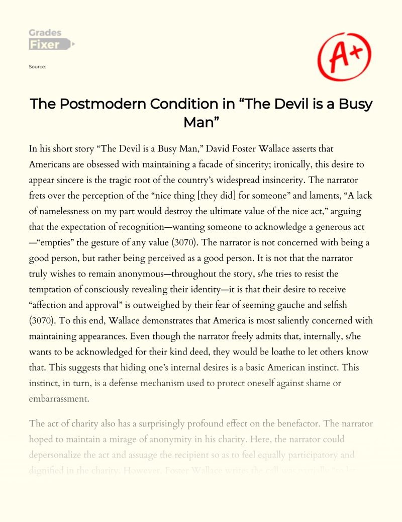 The Postmodern Condition in "The Devil is a Busy Man" Essay