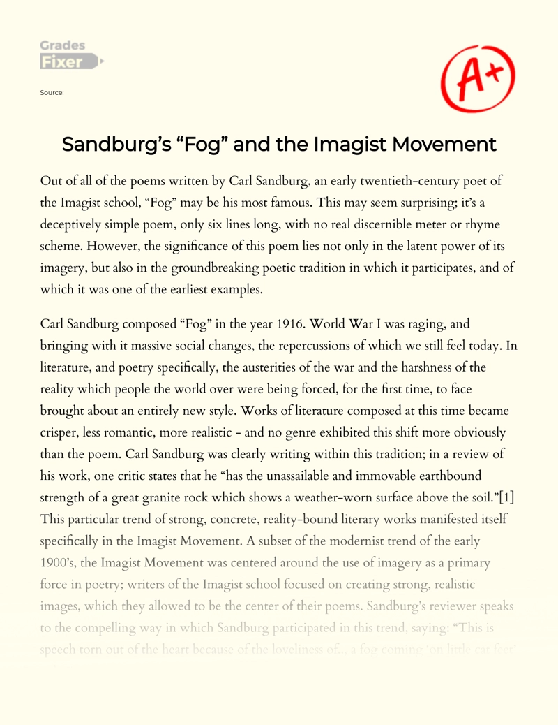 Sandburg’s "Fog" and The Imagist Movement Essay
