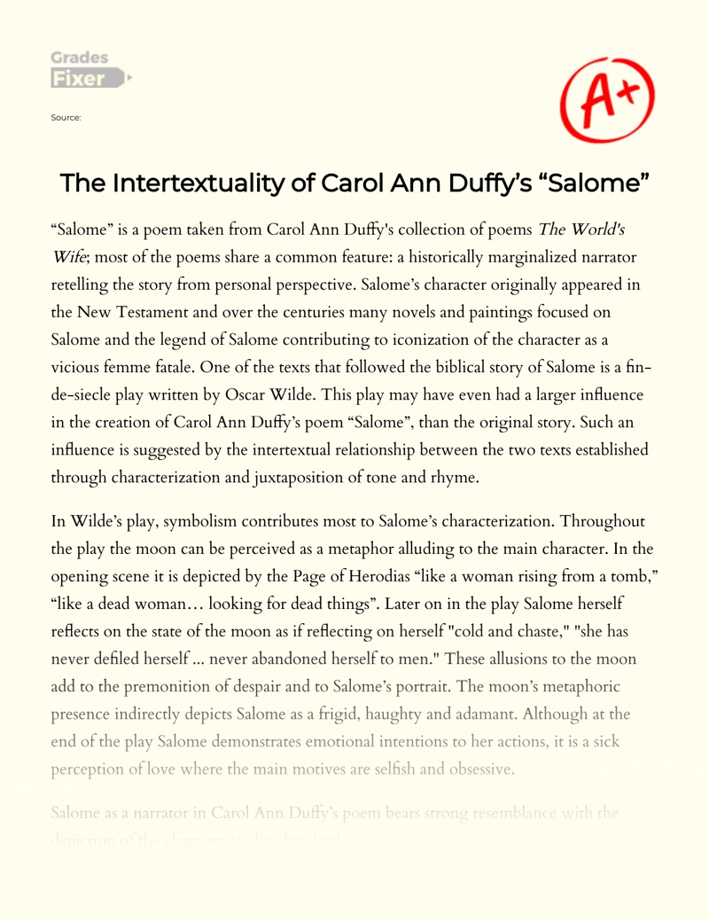 The Intertextuality of Carol Ann Duffy’s "Salome" Essay