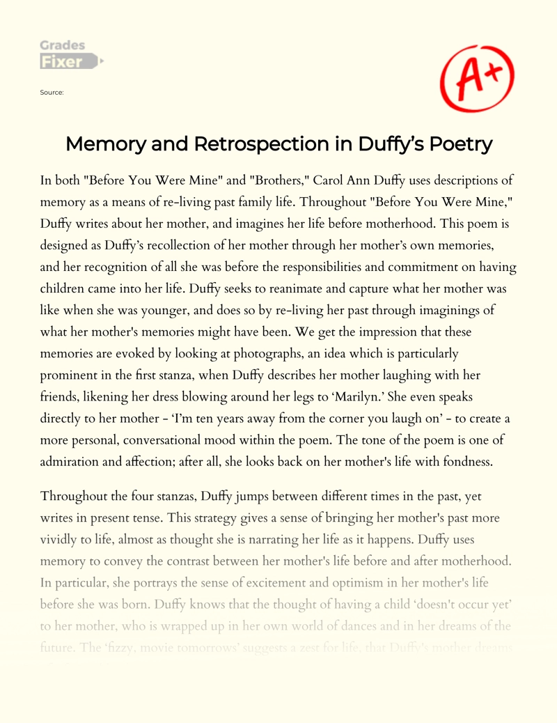 Memory and Retrospection in Duffy’s Poetry Essay