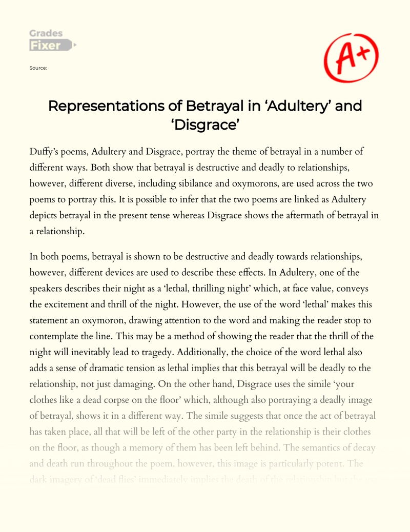 Representations of Betrayal in ‘adultery’ and ‘disgrace’ essay