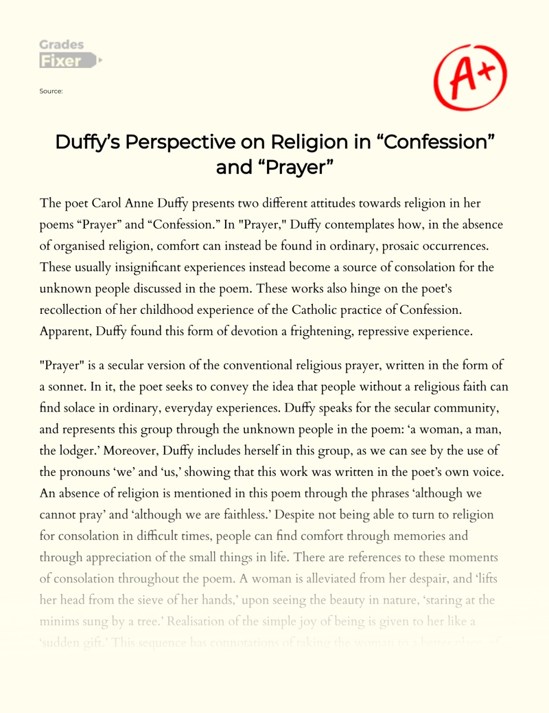 Duffy’s Perspective on Religion in "Confession" and "Prayer" Essay
