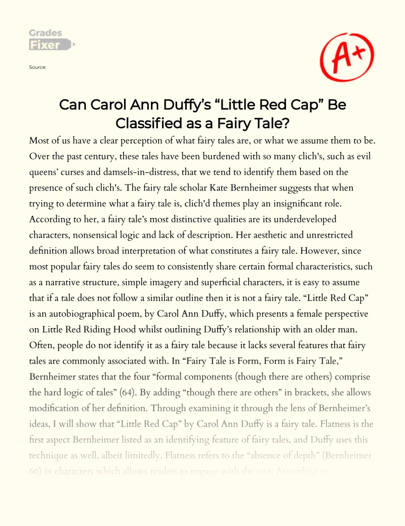 Analysis of Carol Ann Duffy’s "Little Red Cap" as a Fairy Tale Essay