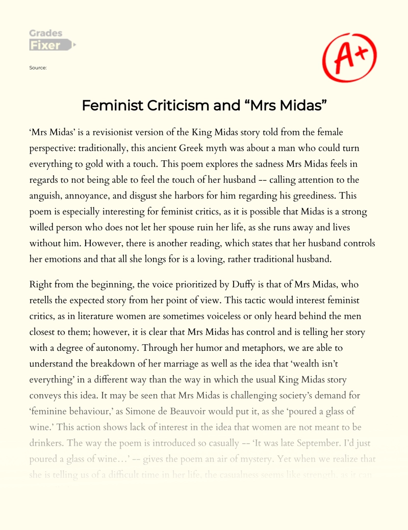 Feminist Criticism and "Mrs Midas" Essay