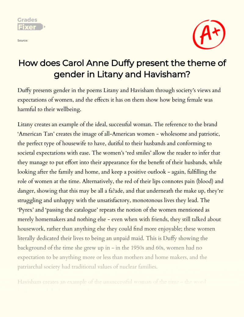 Analysis of The Theme of Gender in "Litany and Havisham" Essay