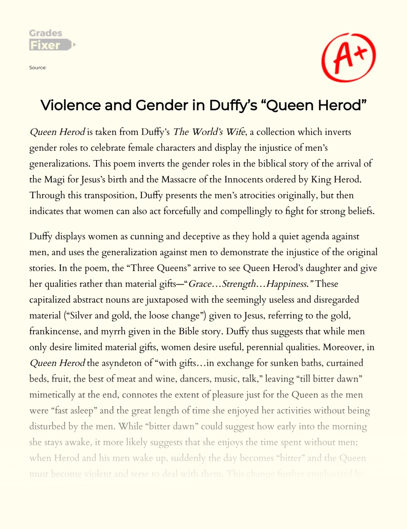Violence and Gender in Duffy’s "Queen Herod" Essay