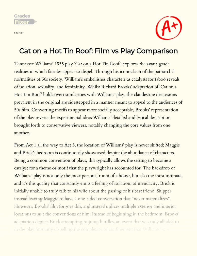 Cat on a Hot Tin Roof: Film Vs Play Comparison Essay