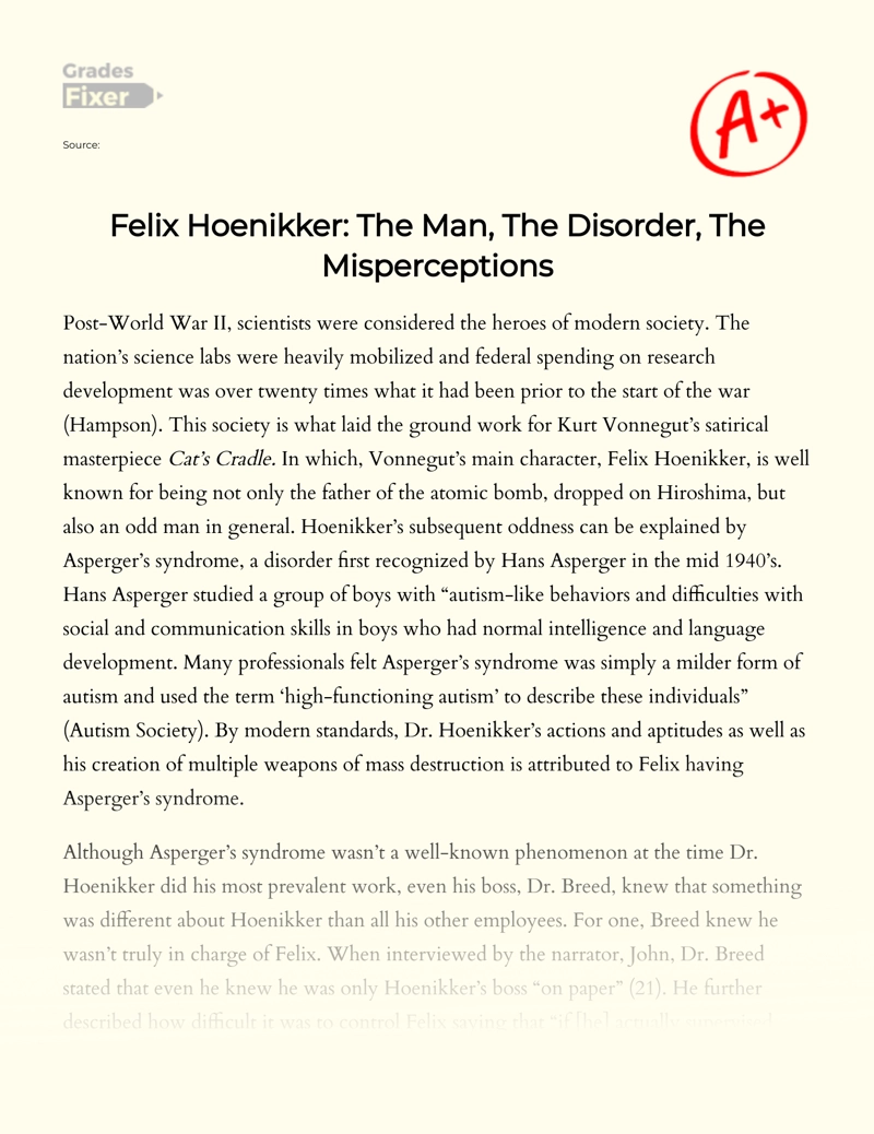 Felix Hoenikker: The Man, The Disorder, The Misperceptions essay