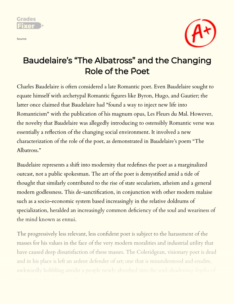 Baudelaire’s "The Albatross" and The Changing Role of The Poet Essay