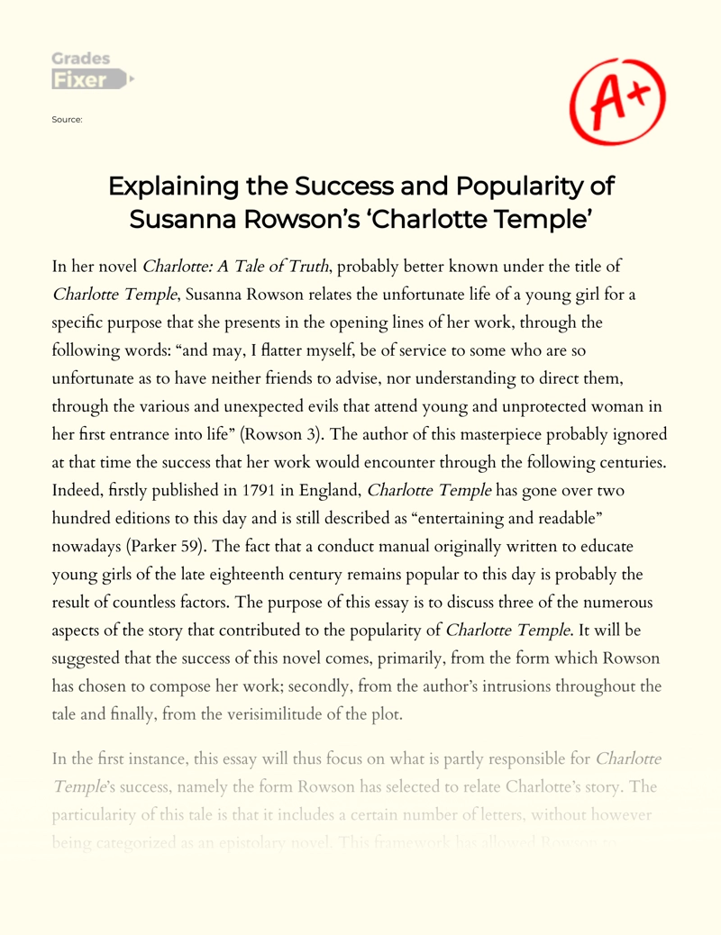 Explaining The Success and Popularity of Susanna Rowson’s ‘charlotte Temple’ essay