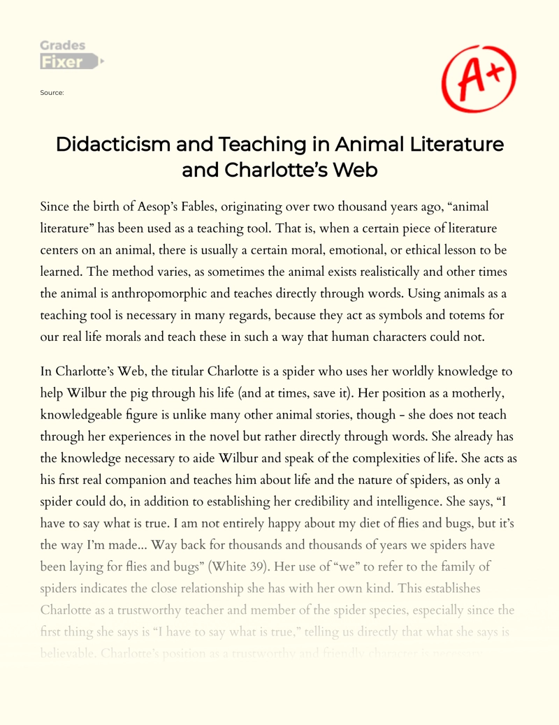 Didacticism and Teaching in Animal Literature and Charlotte’s Web Essay