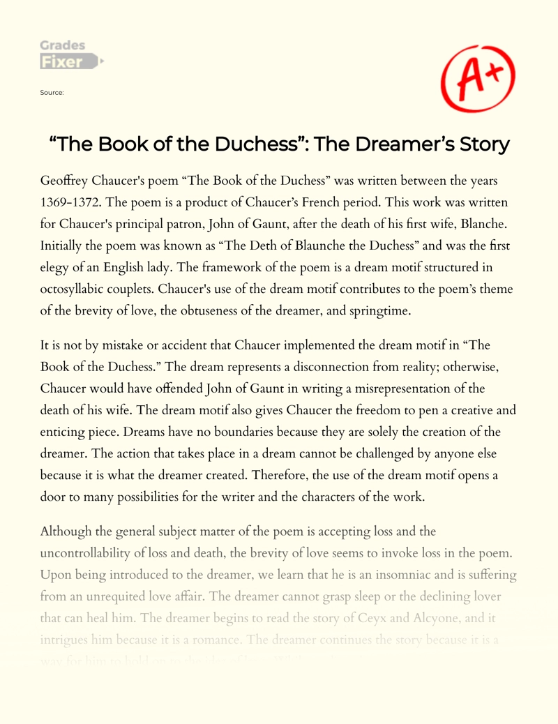 "The Book of The Duchess": The Dreamer’s Story Essay