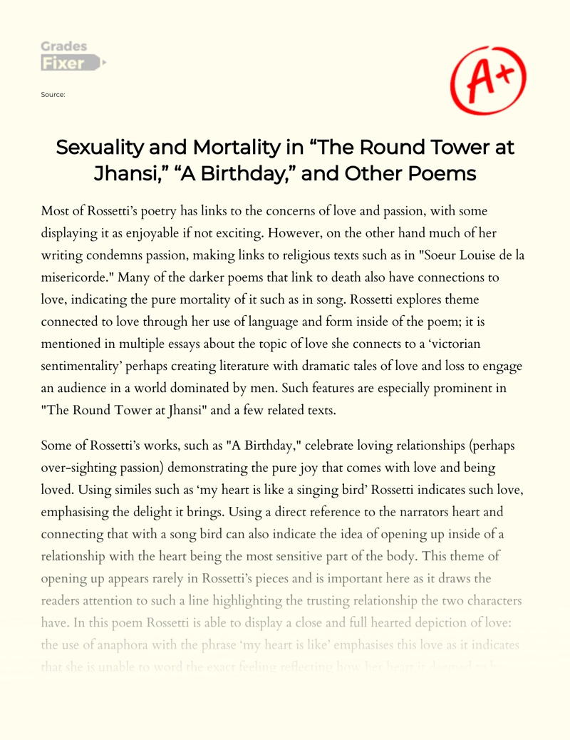 Sexuality and Mortality in "The Round Tower at Jhansi," "A Birthday," and Other Poems Essay