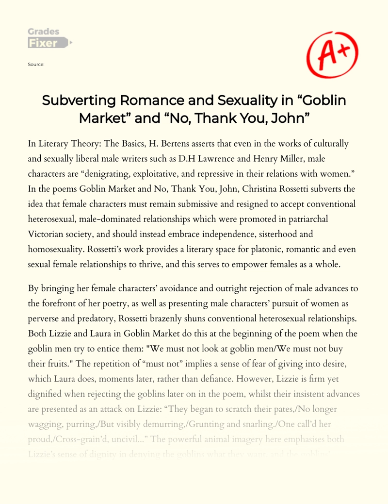 Subverting Romance and Sexuality in "Goblin Market" and "No, Thank You, John" Essay