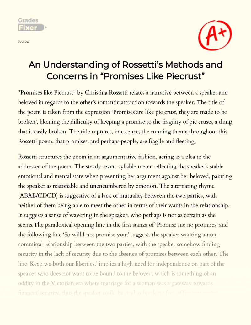An Understanding of Rossetti’s Methods and Concerns in "Promises Like Piecrust" essay