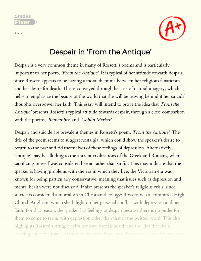 Despair in ‘from The Antique’ Essay