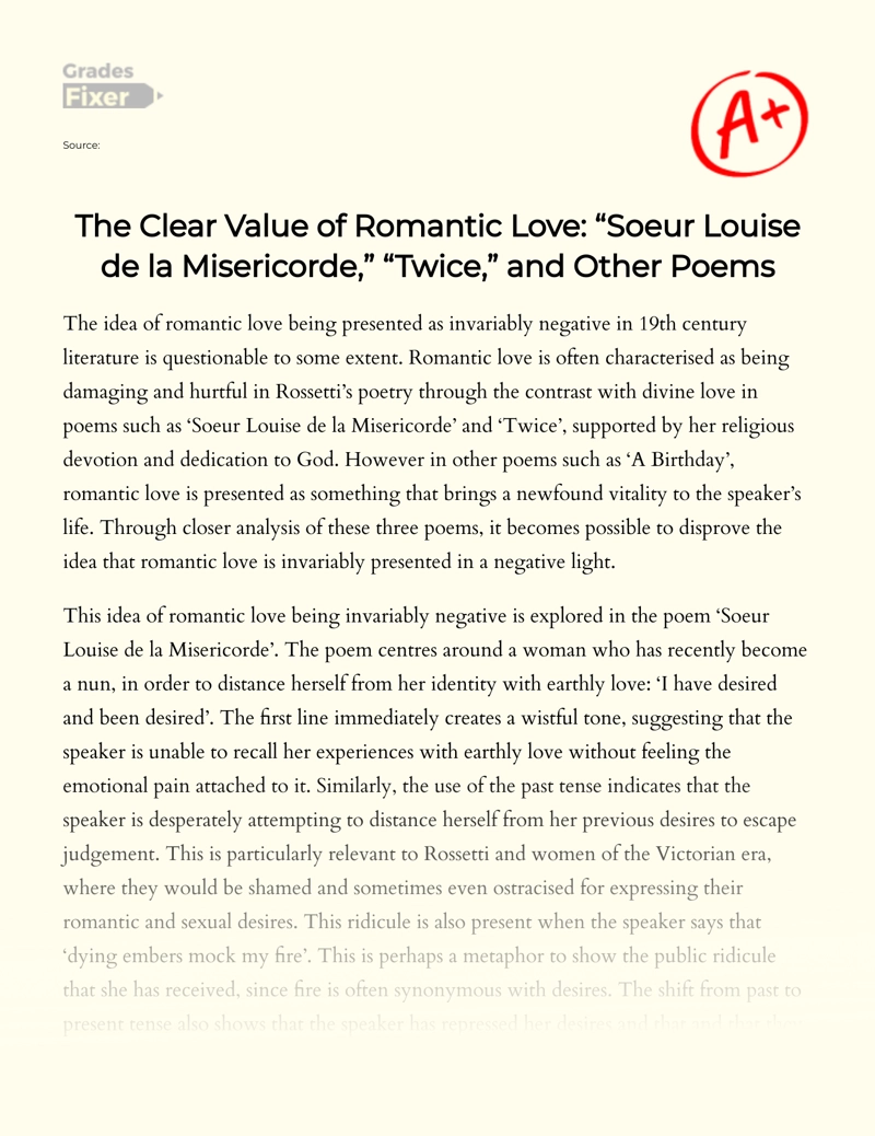 The Clear Value of Romantic Love: "Soeur Louise De La Misericorde," "Twice," and Other Poems Essay