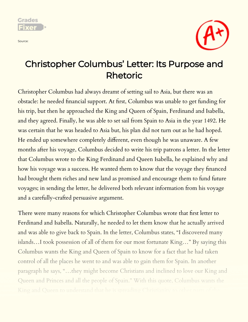 Christopher Columbus’ Letter: Its Purpose and Rhetoric Essay