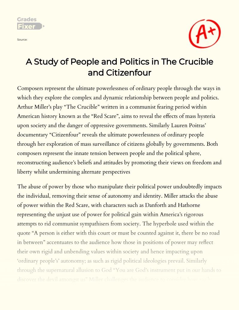 A Study of People and Politics in The Crucible and Citizenfour Essay