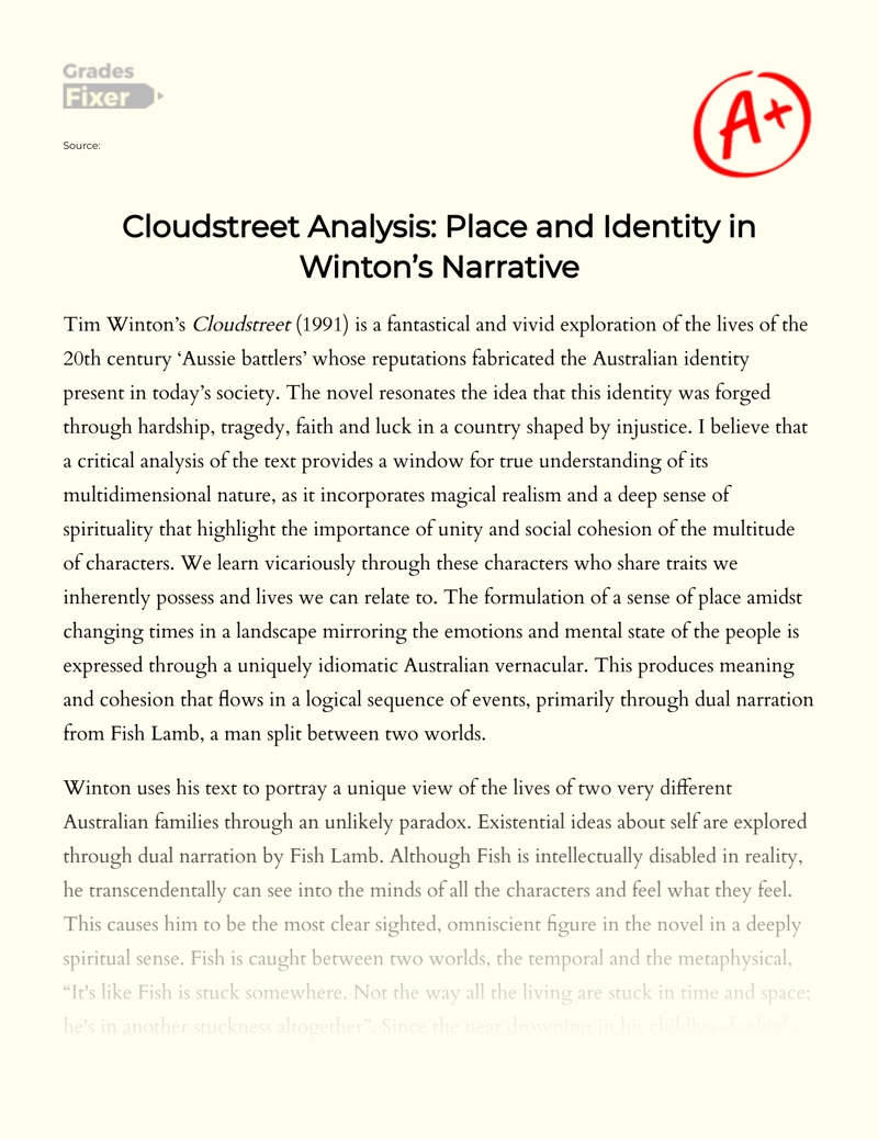 Cloudstreet Analysis: Place and Identity in Winton’s Narrative essay