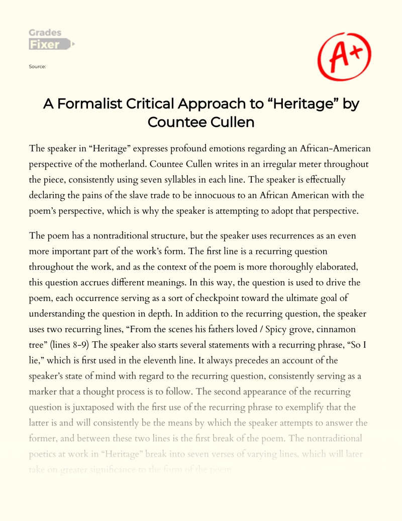 A Formalist Critical Approach to "Heritage" by Countee Cullen Essay