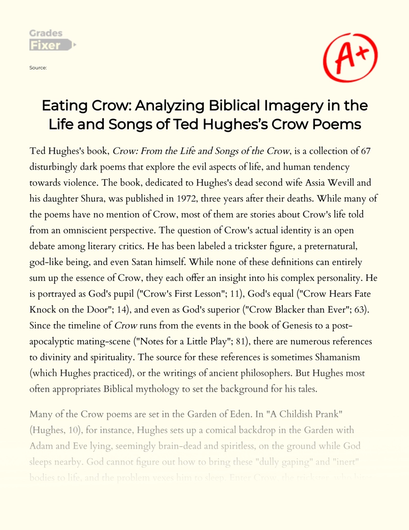 Eating Crow: Analyzing Biblical Imagery in the Life and Songs of Ted  Hughes's Crow Poems: [Essay Example], 2364 words GradesFixer