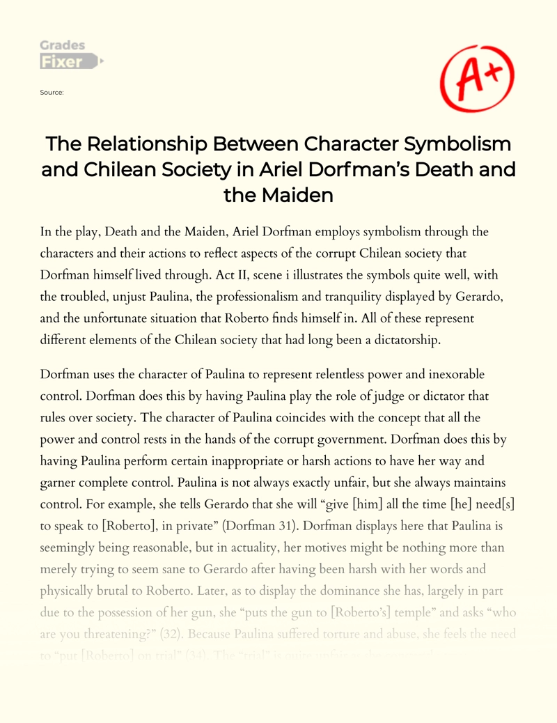 The Relationship Between Character Symbolism and Chilean Society in Ariel Dorfman’s Death and The Maiden essay
