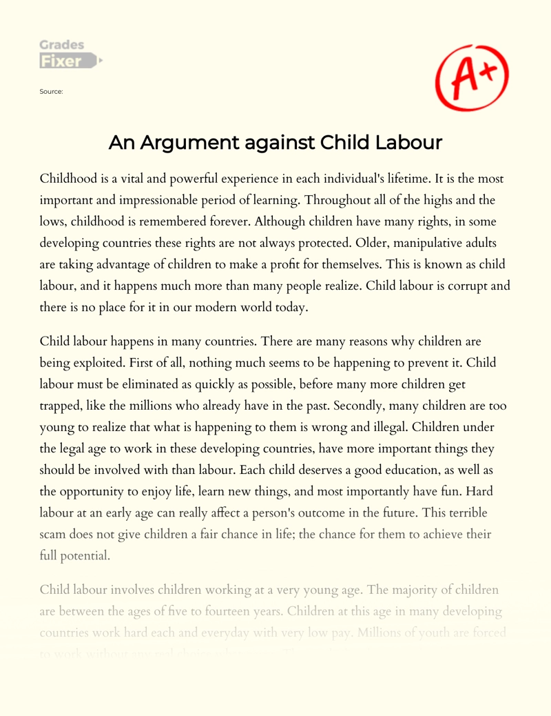 Negative Side of Child Labor: Arguments Essay