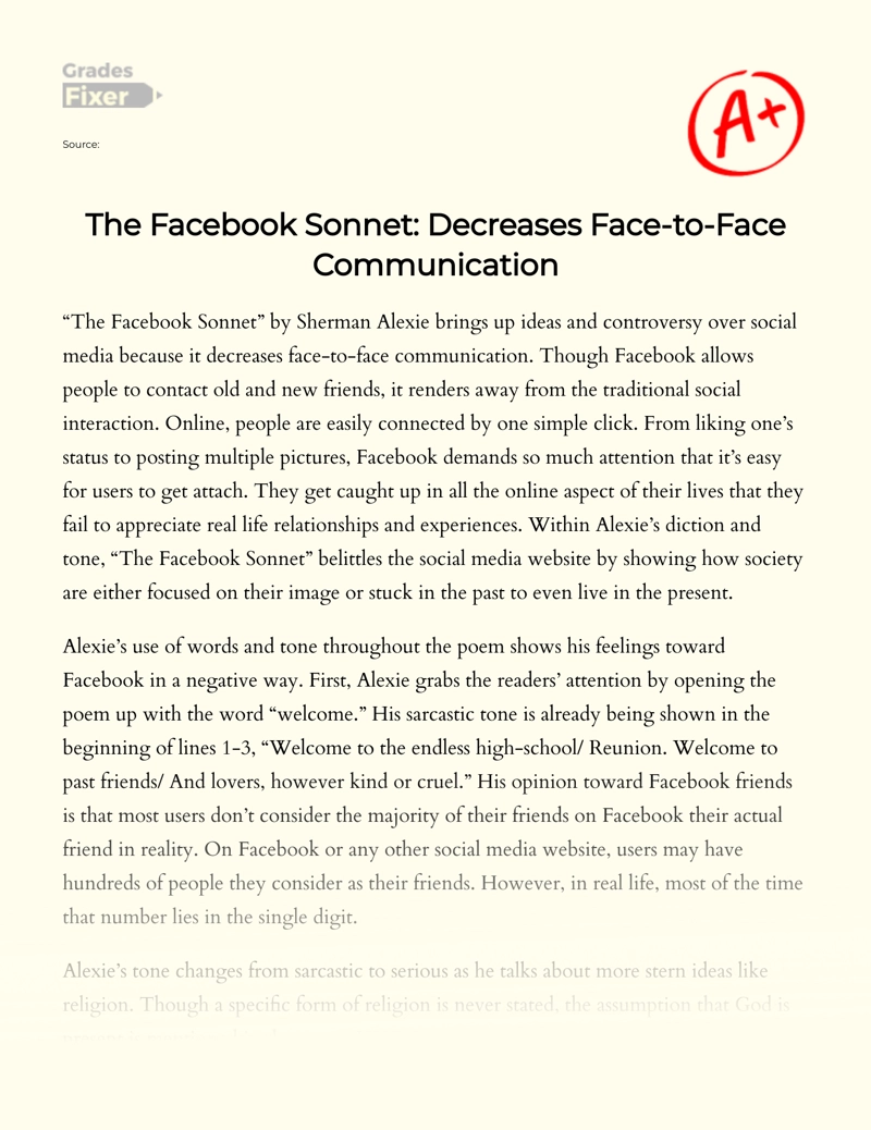 The Facebook Sonnet: Decreases Face-to-face Communication essay