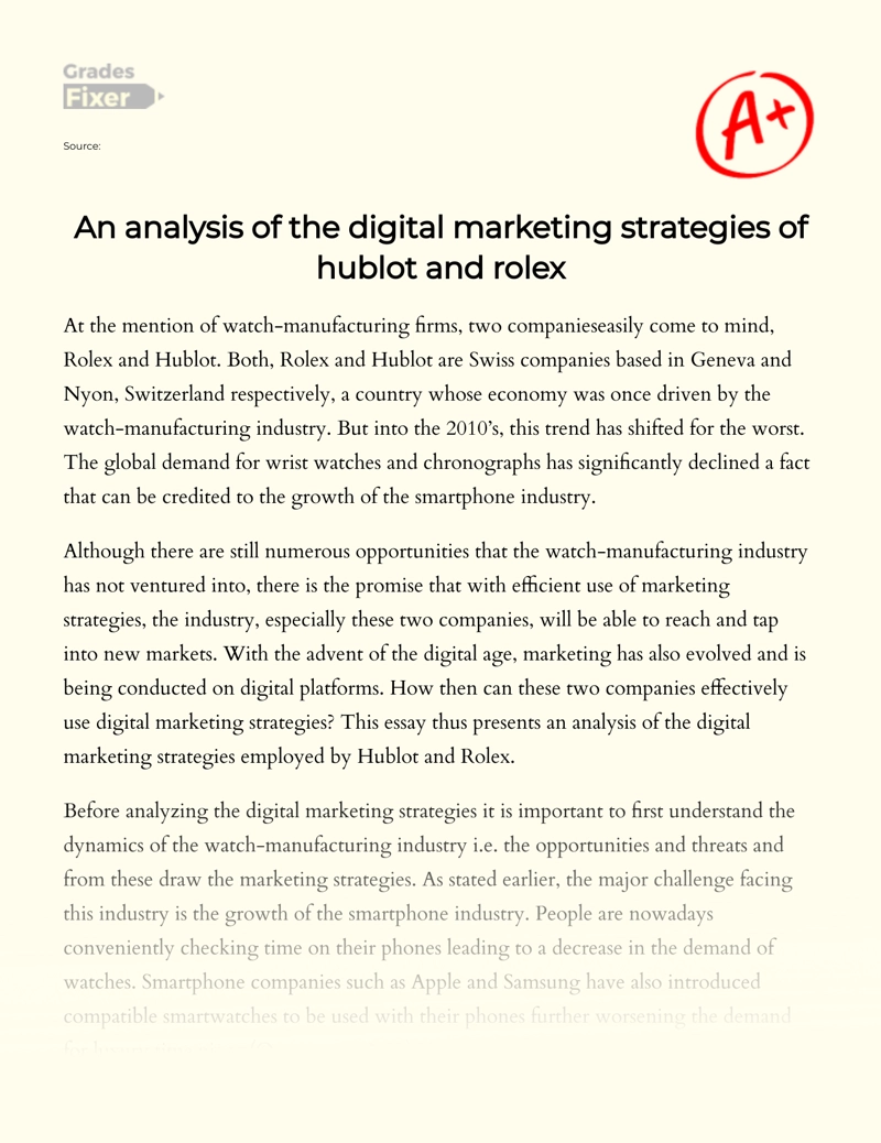 An Analysis of The Digital Marketing Strategies of Hublot and Rolex essay