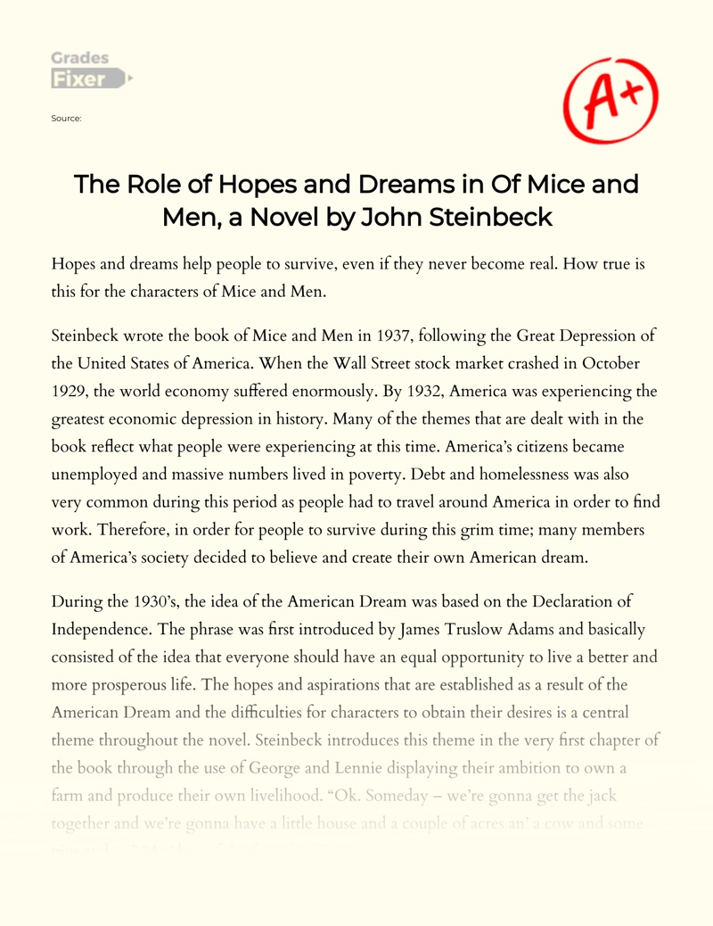 The Role of Hopes and Dreams in of Mice and Men, a Novel by John Steinbeck essay