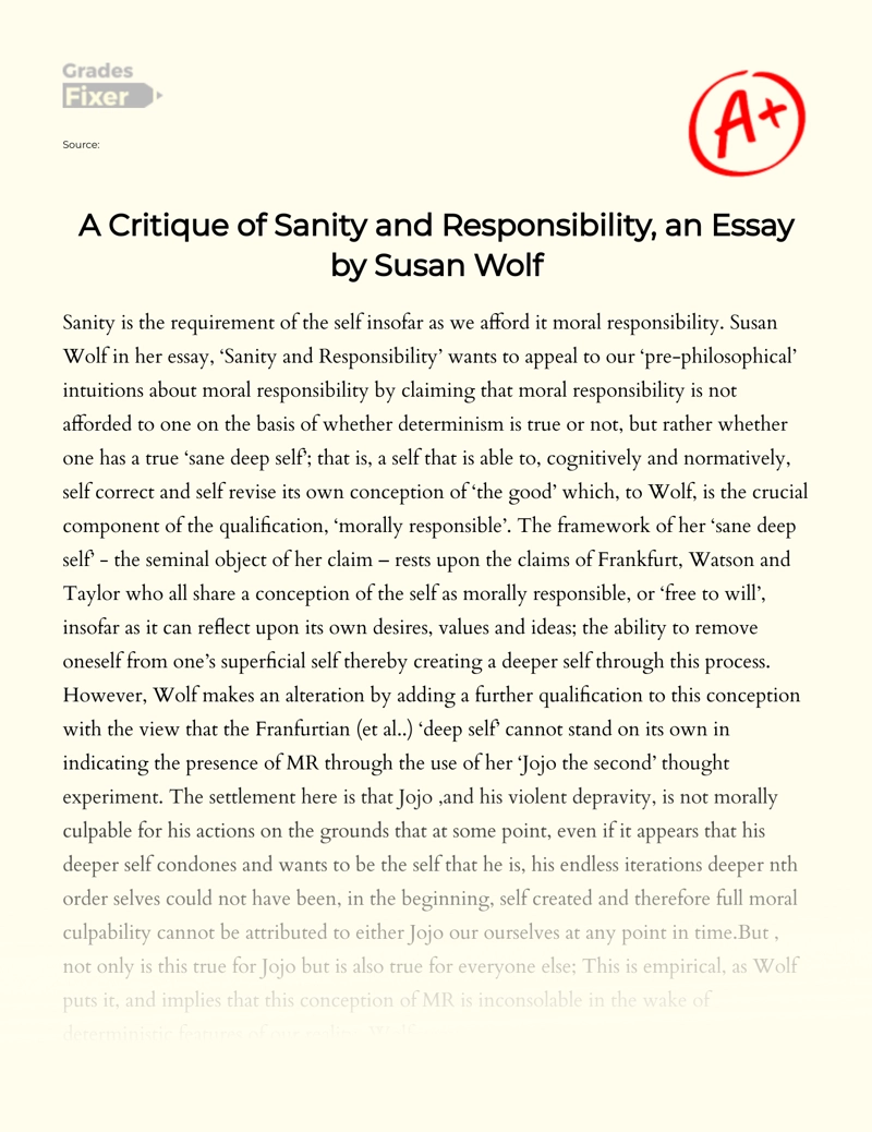 A Critique of Sanity and Responsibility, an Essay by Susan Wolf essay