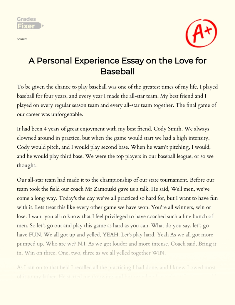 A Personal Experience on The Love for Baseball Essay