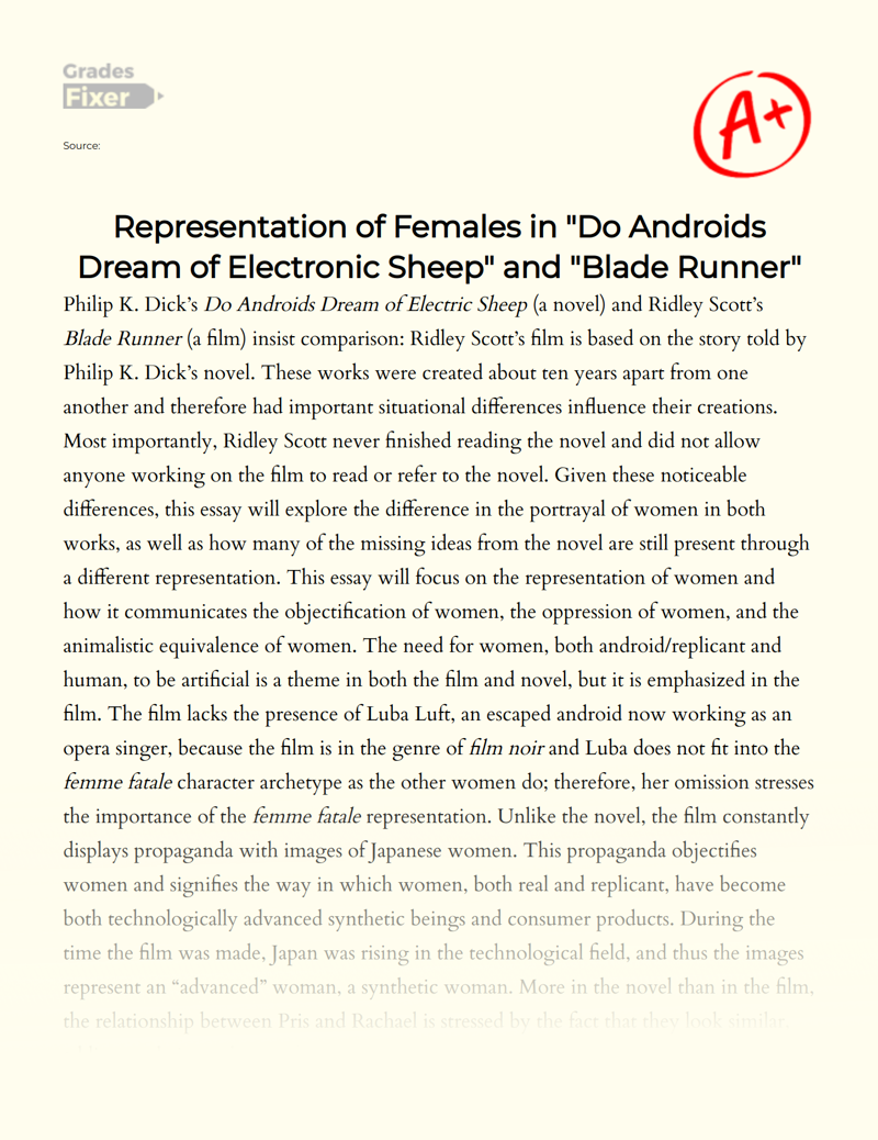 Representation of Females in "Do Androids Dream of Electronic Sheep" and "Blade Runner" Essay