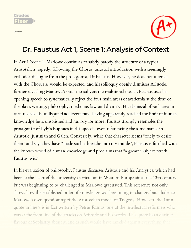 Dr. Faustus Act 1, Scene 1: Analysis of Context  Essay