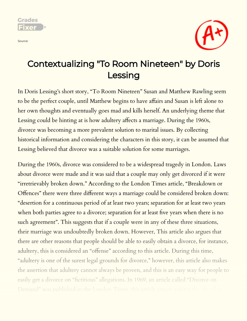 Contextualizing "To Room Nineteen" by Doris Lessing Essay