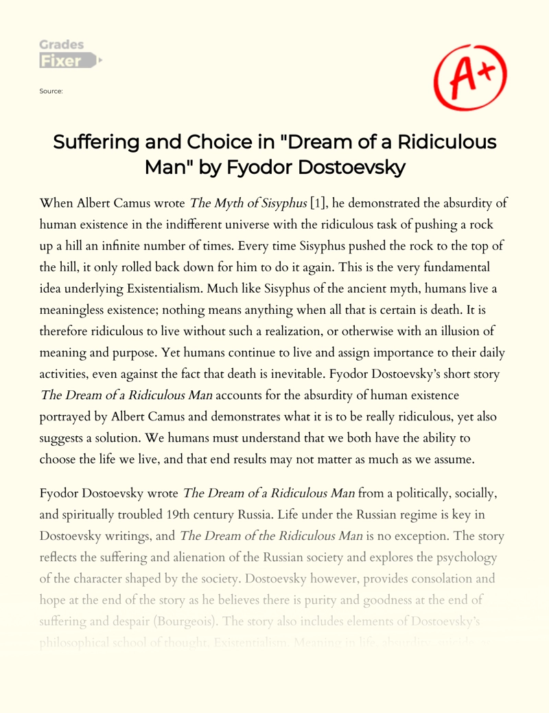 Suffering and Choice in "Dream of a Ridiculous Man" by Fyodor Dostoevsky essay