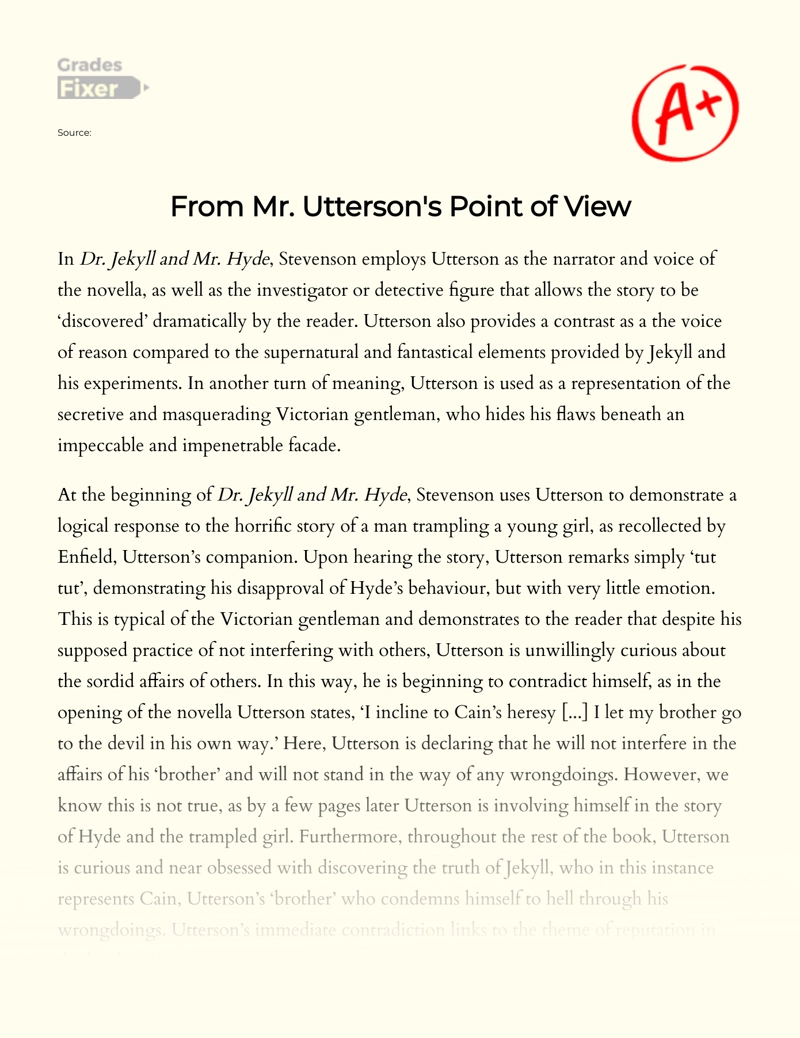 Mr. Utterson Character Analysis in "The Strange Case of Dr. Jekyll and Mr. Hyde" essay