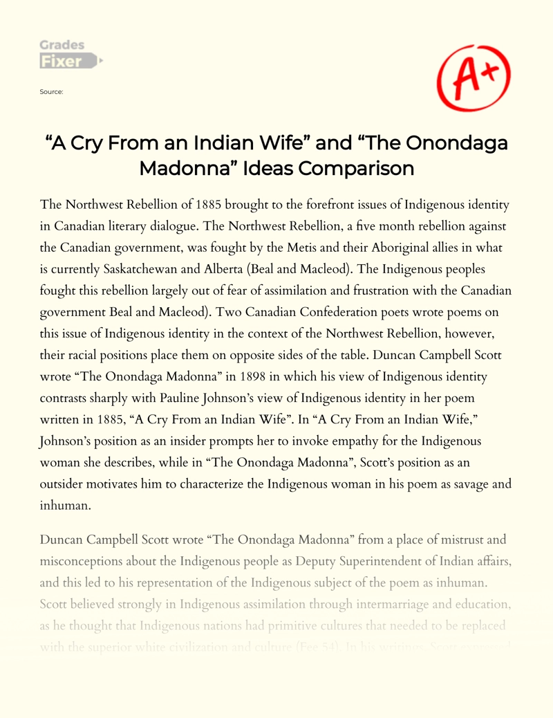 "A Cry from an Indian Wife" and "The Onondaga Madonna" Ideas Comparison Essay