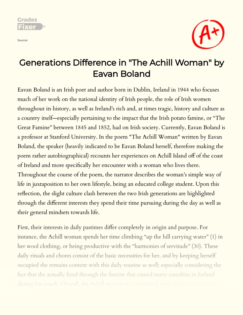 Generations Difference in "The Achill Woman" by Eavan Boland Essay