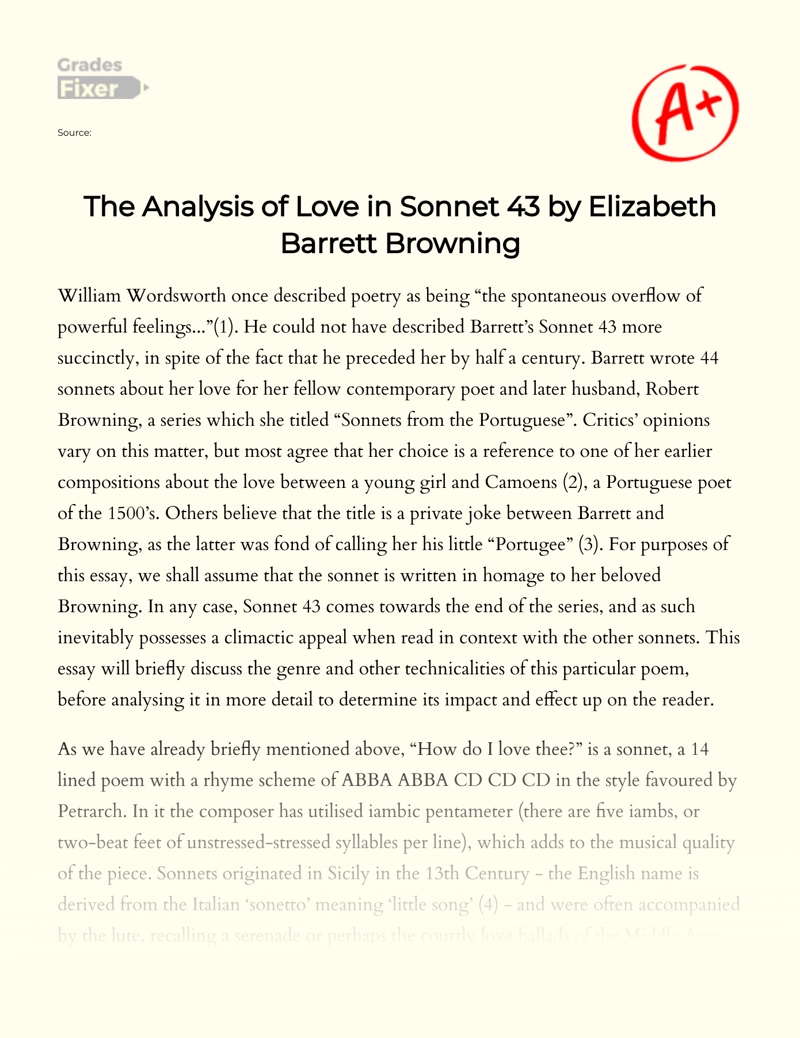 The Analysis of Love in Sonnet 43 by Elizabeth Barrett Browning essay