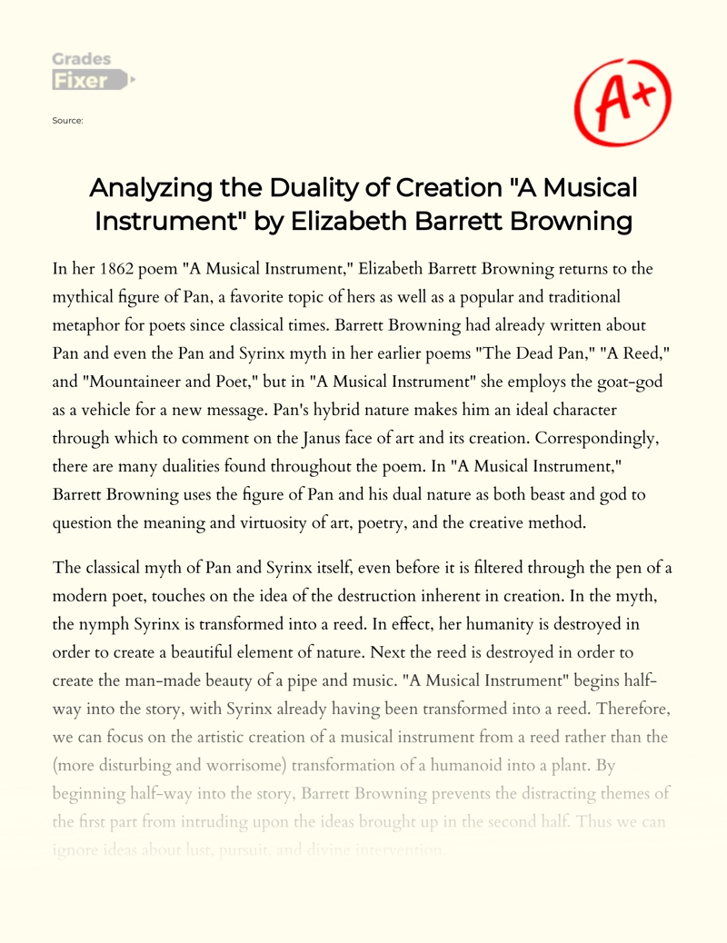 Analyzing The Duality of Creation "A Musical Instrument" by Elizabeth Barrett Browning Essay