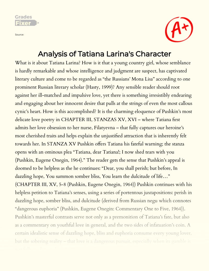 Analysis of Tatiana Larina's Character Essay