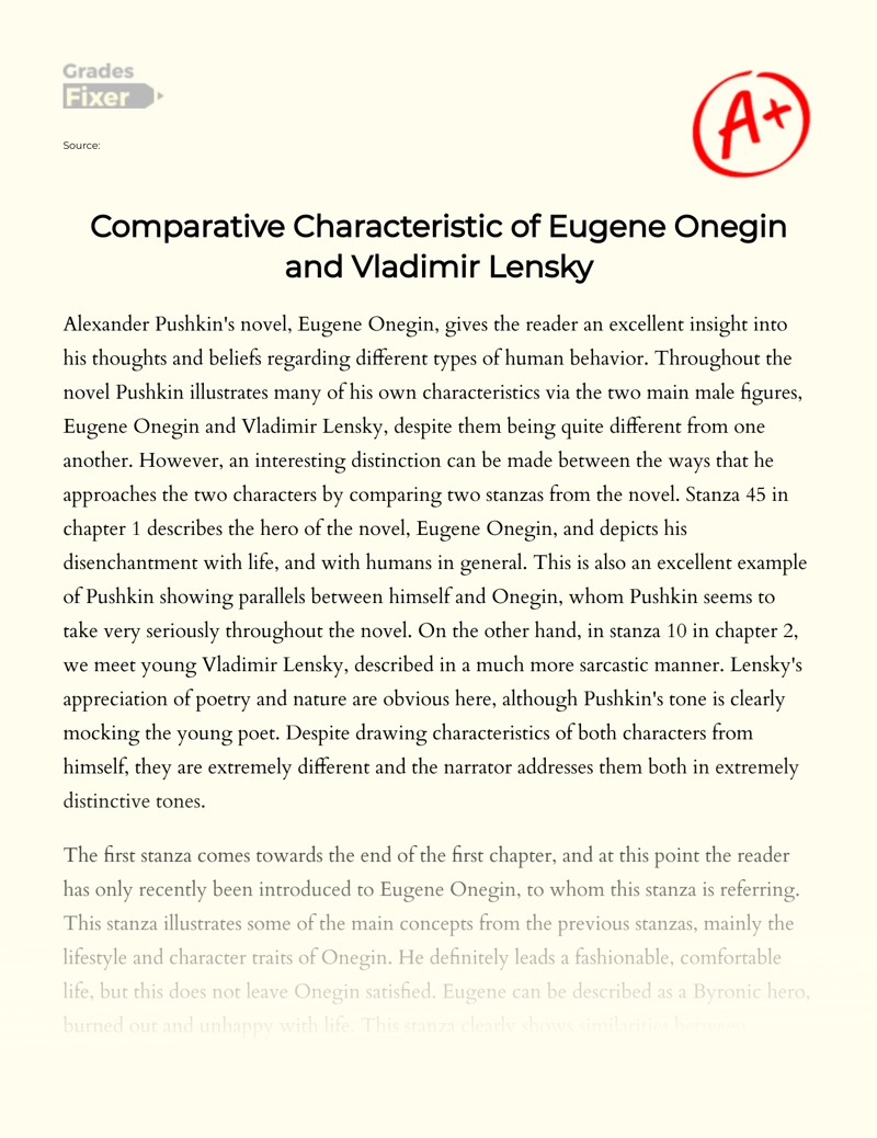 Comparative Characteristic of Eugene Onegin and Vladimir Lensky Essay