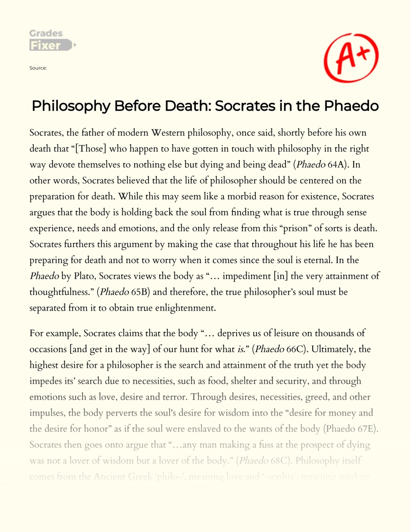 Philosophy before Death: Socrates in The Phaedo Essay