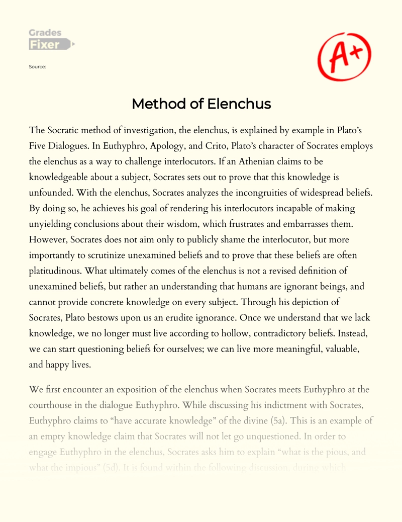 Socratic Method of Elenchus in Plato's Five Dialogs essay