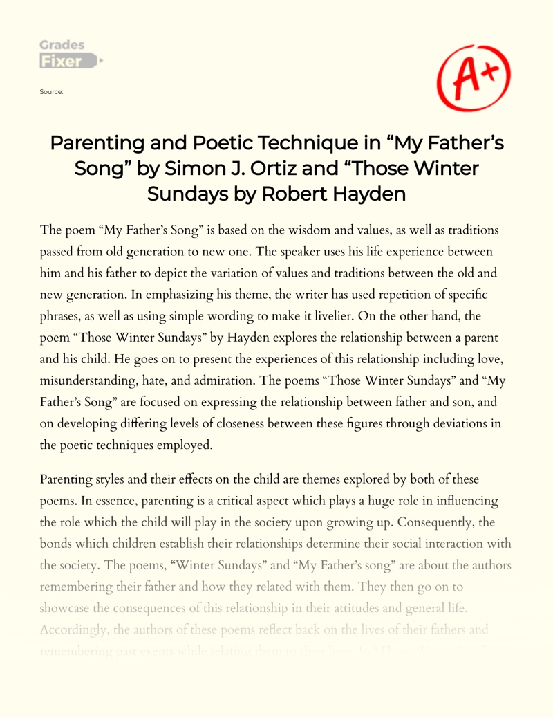 Parenting and Poetic Technique in "My Father’s Song" and "Those Winter Sundays" Essay
