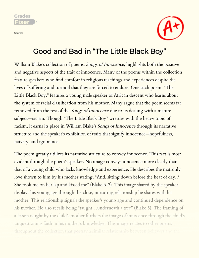 Good and Bad in "The Little Black Boy" Essay