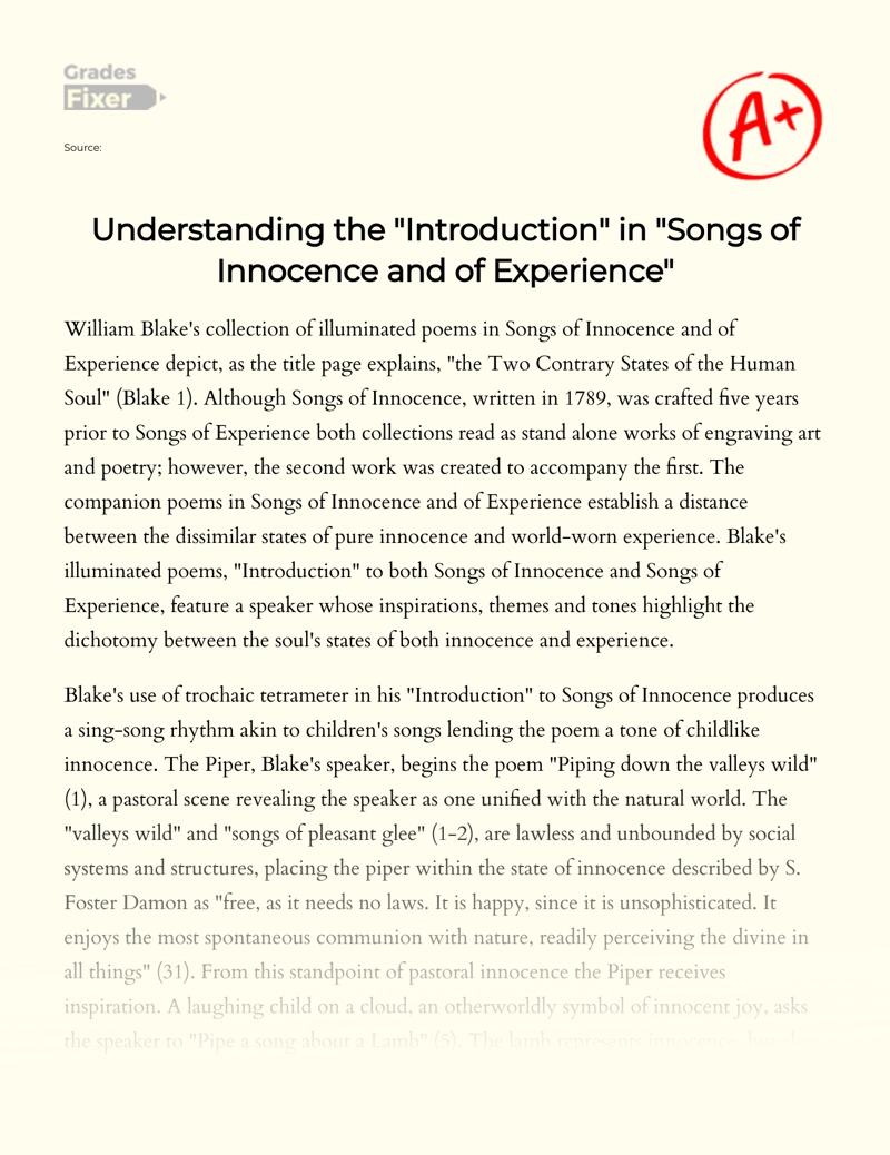 Understanding The "Introduction" in "Songs of Innocence and of Experience"  Essay