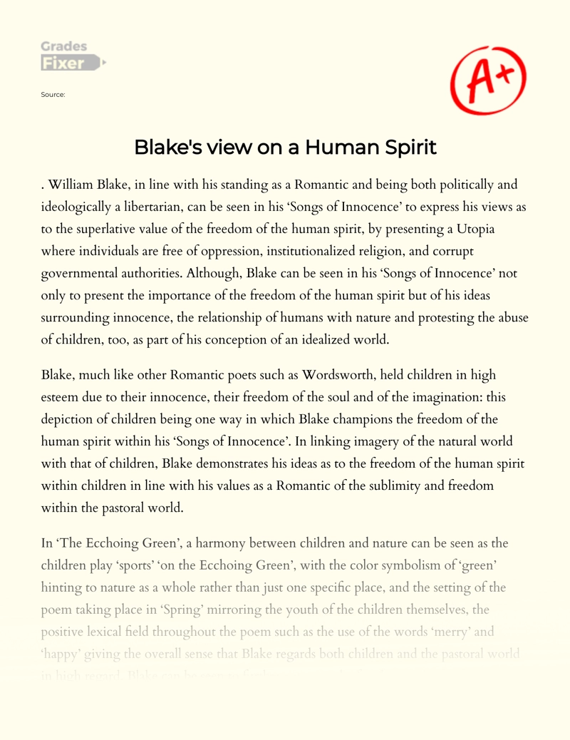 Blake's View on a Human Spirit Essay